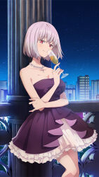 1girl against_wall bare_shoulders blush bow breasts champagne_flute city cleavage closed_mouth cup dress dress_bow drinking_glass feet_out_of_frame formal_clothes game_cg gridman_universe highres holding holding_cup jewelry large_breasts looking_at_viewer necklace night official_art pink_hair purple_bow purple_dress red_eyes shinjou_akane short_hair sky sleeveless sleeveless_dress smile solo ssss.gridman star_(sky) starry_sky strapless strapless_dress third-party_source