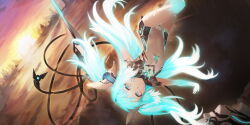1girl absurdly_long_hair absurdres aqua_eyes aqua_hair artist_request bare_legs bodysuit breasts collar colored_skin final_gear full_body game_cg glowing glowing_hair hair_intakes hair_ornament highres long_hair multicolored_hair multicolored_skin neon_palette nova_(final_gear) official_art open_mouth saturated short_sleeves small_breasts solo sunrise teeth third-party_source toes two-tone_bodysuit two-tone_collar two-tone_hair two-tone_sleeves very_long_hair white_bodysuit