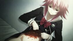 1girl black_dress black_jacket black_vest blood blood_drip bow breasts buttons chaos;child chest_bow clenched_teeth clothes_lift collarbone cropped_jacket deep_wound double-breasted dress dress_lift dress_vest duct_tape dutch_angle ears_visible_through_hair game_cg hair_between_eyes hekiho_academy hekiho_academy_uniform highres injury jacket lifting_own_clothes long_sleeves medium_breasts navel non-web_source official_art onoe_serika pain panties panty_peek pink_eyes pink_hair sailor_collar sailor_shirt sasaki_mutsumi school_emblem school_uniform shirt short_hair short_hair_with_long_locks sidelocks sitting skirt skirt_lift solo stomach stray_hair teeth underwear vest white_panties white_sailor_collar