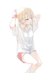 1girl absurdres blonde_hair blush closed_eyes fate/kaleid_liner_prisma_illya fate_(series) highres illyasviel_von_einzbern long_hair luren_dog pants pink_pants shirt shorts simple_background sitting solo thighs tying_hair white_background white_shirt