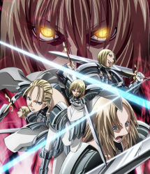 5girls armor blonde_hair bracer cape clare_(claymore) claymore_(series) claymore_(sword) deneve fighting fighting_stance glaring glowing glowing_eyes grey_eyes grey_hair helen isley jean long_hair miria misopetha-menos multiple_girls open_mouth projected_inset serious short_hair shoulder_pads smirk sword weapon yellow_eyes