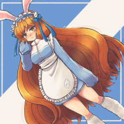 1girl 793_(oo793oo) alternate_costume animal_ears apron blue_background blue_bow blue_dress border bow breasts dress freckles hair_bow ishmael_(project_moon) leg_warmers limbus_company long_hair long_sleeves looking_at_viewer maid_headdress orange_hair project_moon rabbit_ears simple_background sleeves_past_fingers sleeves_past_wrists solo standing upper_body very_long_hair white_apron white_border white_leg_warmers yellow_eyes