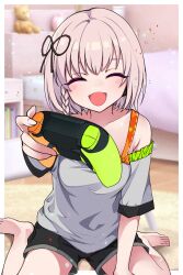 1girl bed black_pants controller highres niihama_alice pants station_memories stuffed_toy