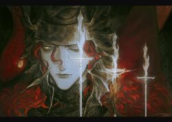 Rule 34 | 1boy, 1girl, absurdres, armor, chainmail, closed mouth, elden ring, helmet, highres, lips, long hair, looking to the side, messmer the impaler, one eye closed, portrait, red hair, slit pupils, sneak, solo, solo focus, ssanagi00, upper body, weapon, yellow eyes