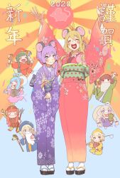 6+girls absurdres animal animal_ear_hairband animal_ears antenna_hair armor arms_up beads benzaiten_(mythology) benzaiten_(mythology)_(cosplay) bishamonten bishamonten_(cosplay) biwa_lute black_hairband blonde_hair blue_robe blush cevio chibi chibi_inset chinese_zodiac cloak confetti cosplay daikokuten daikokuten_(cosplay) dress ebisu_(mythology) ebisu_(mythology)_(cosplay) facial_mark fake_animal_ears fake_beard fake_facial_hair fish fishing_rod food fruit fukurokuju_(mythology) fukurokuju_(mythology)_(cosplay) full_body gradient_clothes gradient_kimono green_cloak gunbai hagoromo hair_beads hair_ornament hairband hammer hand_fan highres holding holding_animal holding_fan holding_fish holding_fishing_rod holding_food holding_fruit holding_hammer holding_instrument holding_lantern holding_polearm holding_sack holding_scroll holding_staff holding_weapon hotei_(mythology) hotei_(mythology)_(cosplay) ia_(vocaloid) instrument japanese_armor japanese_clothes japanese_mythology juroujin_(mythology) juroujin_(mythology)_(cosplay) kimono kizuna_akari kotonoha_akane kotonoha_aoi lantern leaning_forward looking_at_viewer lute_(instrument) mallet mashima_jirou mount_fuji mouse_(animal) mouse_ears multiple_girls new_year obi obijime okobo one_(cevio) open_mouth orange_background peach pink_dress platform_sandals polearm purple_eyes purple_hair purple_kimono purple_robe red_kimono robe sack sandals sash scroll seven_lucky_gods shawl short_hair_with_long_locks side-by-side smile socks spear staff standing sunburst sunburst_background touhoku_kiritan touhoku_zunko tsurumaki_maki two-tone_background v vocaloid voiceroid war_fan weapon whisker_markings white_socks wide_sleeves year_of_the_rat yellow_background yuzuki_yukari