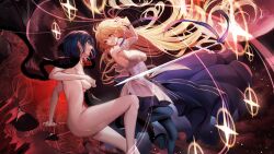 2girls absurdres ahoge angry archetype_earth arcueid_brunestud artist_request ass blonde_hair blue_hair breasts cape ciel_(tsukihime) cleavage commission detached_sleeves dress fighting fingernails floating floating_hair floating_object full_moon highres large_breasts long_hair long_sword looking_at_another moon multiple_girls naked_cape nude red_eyes red_moon roa-ciel sharp_fingernails short_hair sideboob smile source_request sword tsukihime tsukihime_(remake) vampire very_long_cape weapon white_dress