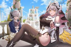Rule 34 | 2girls, absurdres, aliz (starward), angelis (starward), bare shoulders, black gloves, black pantyhose, blue bow, blue eyes, blue jacket, blue sky, book, bow, breasts, candle, closed mouth, cloud, cloudy sky, collar, commentary request, cross, dress, elbow gloves, flower, fountain, frilled dress, frills, gloves, grey hair, hair bow, hair ornament, halo, highres, holding, holding book, idasu (hyun9164), jacket, large breasts, light blush, looking at viewer, mechanical halo, mechanical wings, medium hair, multiple girls, nun, on table, open clothes, open jacket, outdoors, pantyhose, parted lips, pelvic curtain, pink flower, short hair, sideboob, sitting, sky, starward, sweater, table, thigh strap, thighs, white collar, white sweater, wing hair ornament, wings, yellow eyes, yellow flower