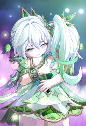 2girls absurdres bracelet cape commentary detached_sleeves dress genshin_impact gradient_hair green_cape green_eyes green_hair green_sleeves hair_between_eyes hair_ornament half-closed_eyes highres hug jewelry leaf_hair_ornament long_hair multicolored_hair multiple_girls nahida_(genshin_impact) parted_lips pointy_ears rukkhadevata_(genshin_impact) side_ponytail sleeveless sleeveless_dress symbol-shaped_pupils white_dress white_hair wuzhihuijia
