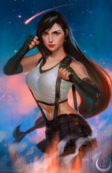 Rule 34 | 1girl, bare shoulders, black bra, black hair, black skirt, bra, breasts, brown eyes, clenched hands, closed mouth, cowboy shot, crop top, crystal fae, earrings, elbow gloves, elbow pads, fighting stance, final fantasy, final fantasy vii, final fantasy vii remake, fingerless gloves, gloves, hair tie, highres, jewelry, large breasts, long hair, low-tied long hair, midriff, miniskirt, navel, shirt, shooting star, single elbow pad, skirt, sleeveless, sleeveless shirt, solo, sports bra, suspenders, swept bangs, tifa lockhart, underwear, watermark, web address, white shirt