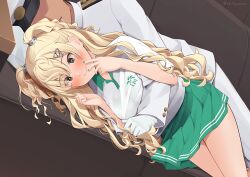 1boy 1girl admiral_(kancolle) befu blonde_hair blush bra bra_visible_through_clothes breasts closed_mouth contrast_collar couch cuddling embarrassed faceless faceless_male grabbing_from_behind green_bra green_skirt grey_eyes hair_between_eyes hair_ornament hat hug hug_from_behind jacket kantai_collection large_breasts long_hair lying minneapolis_(kancolle) minneapolis_(tennis)_(kancolle) on_couch on_side pants pleated_skirt polo_shirt shirt skirt spooning sportswear tennis_skirt tennis_uniform two_side_up underwear wavy_hair wavy_mouth white_hat white_jacket white_pants white_shirt