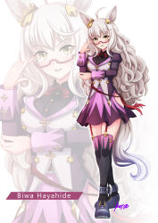 1girl absurdres animal_ears artist_name biwa_hayahide_(umamusume) black_shirt black_thighhighs bow bowtie character_name collared_shirt commentary_request ear_ornament full_body glasses grey_hair hair_between_eyes highres hip_vent horse_ears horse_girl horse_tail jacket juliet_sleeves konsu_(konsu1182da) long_hair long_sleeves looking_at_viewer puffy_sleeves purple_jacket purple_skirt red-framed_eyewear red_bow red_bowtie semi-rimless_eyewear shirt signature simple_background skirt smile solo tail thighhighs umamusume under-rim_eyewear white_background yellow_eyes zoom_layer
