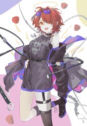 1girl :d absurdres arknights asymmetrical_legwear bare_shoulders black_choker black_shirt black_shorts black_socks black_thighhighs chinese_commentary choker clothes_writing commentary ear_piercing exusiai_(arknights) eyewear_on_head foot_out_of_frame halo hand_on_own_hip highres kneehighs leg_up looking_at_viewer o-ring o-ring_thigh_strap open_mouth piercing purple-tinted_eyewear reach_far_away_(viuooczy) red_hair shirt short_hair shorts single_kneehigh single_sock single_thighhigh smile socks solo standing standing_on_one_leg teeth thigh_strap thighhighs tinted_eyewear traditional_halo uneven_legwear upper_teeth_only yellow_halo