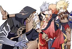 4boys abs alternate_form antenna_hair armor armored_boots black_choker black_cloak black_coat black_pants black_shirt blonde_hair blue_eyes boots braid chest_tattoo chinese_commentary choker clawed_gauntlets cloak coat commentary_request earrings facial_tattoo flame_reaver_of_the_deepest_dark gold_earrings gold_necklace gradient_hair hair_between_eyes highres honkai:_star_rail honkai_(series) hood hood_up hooded_cloak imminent_kiss jewelry leg_lift male_focus mask medium_hair multicolored_hair multiple_boys multiple_persona mydei_(honkai:_star_rail) necklace open_clothes open_coat pants parted_bangs pauldrons pectoral_grab phainon_(honkai:_star_rail) phainon_(khaslana)_(honkai:_star_rail) red_hair red_tattoo shirt short_hair shoulder_armor side_braid single_pauldron tattoo toned toned_male white_hair yaoi yellow_eyes yuelinpanp98413