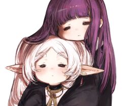 2girls =_= black_cloak blunt_bangs blush cloak closed_mouth double-parted_bangs earrings elf fern_(sousou_no_frieren) frieren highres jewelry long_hair moku_(muooku) multiple_girls pointy_ears purple_hair shirt sidelocks sousou_no_frieren twintails white_hair white_shirt