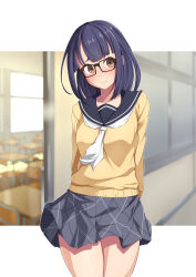 1girl black-framed_eyewear black_hair black_sailor_collar blush brown_eyes chair closed_mouth collarbone desk glasses grey_skirt highres indoors long_hair long_sleeves medium_hair ocza oogaki_chiaki plaid_clothes plaid_skirt sailor_collar school_chair school_desk school_uniform serafuku skirt solo sweater white_sailor_collar yellow_sweater yurucamp