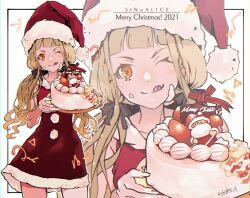 1girl 2021 ;q blonde_hair blunt_bangs cake christmas copyright_name dated dress food food_on_face fruit fur_dress hat highres himiko_(326ontheweb) holding holding_plate long_hair low_twintails one_eye_closed orange_hair plate red_riding_hood_(sinoalice) santa_claus santa_costume santa_dress santa_hat signature sinoalice sleeveless sleeveless_dress solo strawberry tongue tongue_out twintails zoom_layer