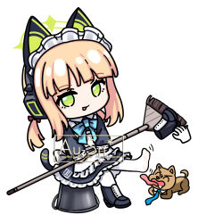 1girl :p ^_^ absurdres animal_ear_headphones animal_ears animalization apron aqua_bow aqua_bowtie artist_name back_bow black_boots black_dress black_tail blonde_hair blue_archive blue_necktie boots bow bowtie broom bucket cat_ear_headphones cat_ears cat_tail chibi chinese_commentary closed_eyes collared_dress commentary_request contrast_collar detached_collar disembodied_hand dog doodle_sensei_(blue_archive) dress drooling fake_animal_ears fake_tail frilled_apron frilled_dress frills full_body green_eyes green_halo hair_bow halo headphones highres holding holding_boots holding_broom holding_footwear holding_unworn_clothes long_sleeves looking_at_viewer maid maid_apron maid_headdress merchandise_available midori_(blue_archive) midori_(maid)_(blue_archive) necktie number_print official_alternate_costume on_bucket open_mouth outstretched_leg pantyhose puffy_long_sleeves puffy_sleeves red_bow sensei_(blue_archive) short_hair short_twintails sidelocks simple_background single_boot sitting smile soles solo_focus tail tongue tongue_out twintails unworn_boots watermark white_apron white_background white_bow white_headdress white_pantyhose yimaxue