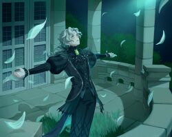 Rule 34 | 1boy, afk (series), afk journey, bags under eyes, balcony, black bow, black bowtie, black pants, black tailcoat, bow, bowtie, brooch, bush, coattails, cowboy shot, develo art, facing to the side, facing up, falling petals, gem, grass, green eyes, green gemstone, grey hair, hair ribbon, high collar, highres, jewelry, juliet sleeves, long hair, long sleeves, low ponytail, ludovic (afk), male focus, night, outstretched arms, pants, parted bangs, parted lips, petals, pillar, ponytail, puffy sleeves, ribbon, shadow, solo, spread arms