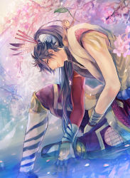 1boy bad_id bad_pixiv_id brown_eyes brown_hair feather_hair_ornament feathers flower gloves feather_hair_ornament hair_ornament jewelry long_hair maeda_keiji maeda_keiji_(sengoku_basara) male_focus megane_(artist) monkey necklace ponytail sengoku_basara solo