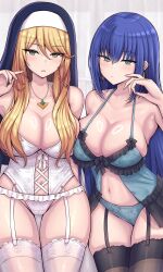 2girls absurdres babydoll bare_shoulders blonde_hair blue_eyes blue_hair blue_panties blush bra breast_press breasts chin_gero cleavage collarbone corset cowboy_shot engage_kiss garter_belt garter_straps green_eyes habit highres jewelry large_breasts lingerie long_hair looking_at_viewer milestone_celebration multiple_girls navel necklace nun open_mouth original panties parted_lips see-through_clothes sharon_holygrail skindentation stomach thighhighs thighs unamused underwear underwear_only white_panties white_thighhighs yuugiri_ayano