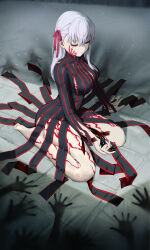 1girl absurdres bare_legs barefoot black_dress body_markings corruption dark_persona dark_sakura dress fate/stay_night fate_(series) feet hair_ribbon heaven&#039;s_feel highres long_hair matou_sakura red_eyes ribbon shroud_of_martin soles striped_clothes striped_dress tooku0 vertical-striped_clothes vertical-striped_dress white_hair