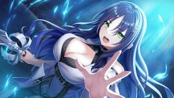 1girl bare_shoulders belt blue_hair breasts cleavage cleavage_cutout clothing_cutout dana_darrell_domyoji deep_one_kyomu_to_mugen_no_fragment green_eyes hair_between_eyes hair_ornament holding holding_weapon large_breasts light_particles light_rays long_hair looking_at_viewer natsuhiko night night_sky non-web_source open_hand open_mouth outstretched_arm outstretched_hand palms reaching reaching_towards_viewer sky smile solo spread_fingers teeth very_long_hair weapon