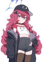 1girl absurdres alternate_costume anma21 baseball_cap black_choker black_hat black_jacket black_shorts black_thighhighs blue_archive choker commentary grey_eyes halo hat highres iroha_(blue_archive) jacket jacket_partially_removed long_hair looking_at_viewer midriff navel purple_halo red_hair shirt short_sleeves shorts simple_background solo standing thighhighs wavy_hair white_background white_shirt