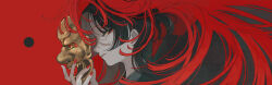 1boy absurdres black_hair floating_hair highres holding holding_mask long_hair male_focus mask nail_polish original red_background red_hair red_nails shimizu_en_(shimizuen3310) solo