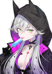1girl black_hands black_jacket body_markings breasts choker coffeekite colored_extremities crossed_bangs demon_girl demon_horns ear_piercing fate/grand_order fate_(series) food green_eyes grey_hair highres hood horns jacket lilith_(fate) lilith_(first_ascension)_(fate) long_hair long_sleeves looking_at_viewer low_twintails piercing popsicle smile solo twintails