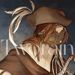 Rule 34 | artist name, brown cape, brown hair, brown hat, brown mask, cape, character request, collar, commentary, commission, copyright request, english commentary, gradient background, grey background, hat, highres, long hair, looking at viewer, mask, mouth mask, portrait, purple eyes, ribbon, tricorne, tworain w, watermark, white collar, white ribbon