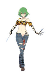 1girl artist_request denim green_hair groin highres hikage_(senran_kagura) jeans knife official_art open_fly pants senran_kagura short_hair snake_girl tagme tattoo tongue tongue_out torn_clothes weapon