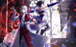 Rule 34 | 1boy, 1girl, artist name, bare shoulders, black hair, coat, dante (devil may cry), detached sleeves, devil may cry: peak of combat, devil may cry (series), dress, fingerless gloves, gloves, gun, highres, holding, holding gun, holding weapon, lady (devil may cry), midriff, multicolored coat, pants, petals, red pants, shirt, smile, two-tone coat, user zwna2477, weapon, white gloves, white hair, white shirt