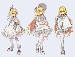 1boy alternate_color alternate_costume blonde_hair bonnet braid capelet collared_dress cr-r crossdressing crossdressing_(mtf) crown crown_braid dress frilled_bonnet frilled_dress frilled_hairband frilled_skirt frilled_sleeves frills full_body green_eyes hair_between_eyes hair_flaps hairband juliet_sleeves layered_sleeves long_hair long_sleeves looking_at_viewer looking_to_the_side male_focus multiple_views nijisanji official_alternate_costume pantyhose puffy_sleeves shoes short_hair simple_background skirt sleeve_bow standing trap uzuki_kou virtual_youtuber white_background white_bonnet white_capelet white_dress white_hairband white_pantyhose white_shoes white_skirt