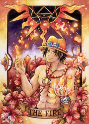 Rule 34 | 1boy, abs, absurdres, arm tattoo, bead necklace, beads, black eyes, black hair, closed mouth, collarbone, commentary request, dated, english text, fire, freckles, highres, jewelry, log pose, male focus, necklace, one piece, orange headwear, plussquare, portgas d. ace, short hair, signature, smile, solo, tattoo, topless male