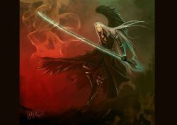 Rule 34 | 1990s (style), 1boy, final fantasy, final fantasy vii, full body, katana, long hair, male focus, masamune (ff7), sephiroth, silver hair, single wing, solo, sword, weapon, wings