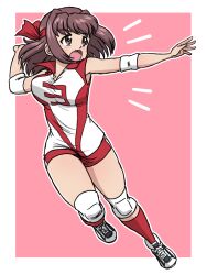Rule 34 | 1girl, black shoes, breasts, brown eyes, brown hair, elbow pads, girls und panzer, hair ribbon, knee pads, kondou taeko, large breasts, number print, ooarai volleyball uniform, open mouth, pink background, red ribbon, red shorts, red socks, ribbon, running, shirt, shoes, short hair, short shorts, shorts, simple background, sleeveless, sleeveless shirt, sneakers, socks, spiking, sportswear, takahashi kurage, volleyball uniform
