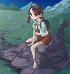 1girl absurdres ahoge aiueo_otoko backpack bag barefoot braid brown_eyes brown_hair closed_mouth cloud collarbone collared_shirt commentary_request gen_1_pokemon grass highres holding holding_poke_ball juliana_(pokemon) muk necktie nintendo orange_necktie orange_shorts outdoors poke_ball poke_ball_(basic) pokemon pokemon_(creature) pokemon_sv shirt short_sleeves shorts sitting sky solo