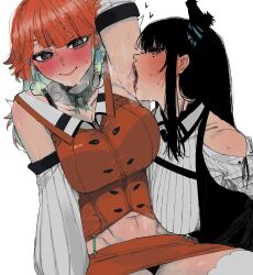 2girls armpits blush bow bow_choker breasts breath carrot_011 choker collared_shirt colored_inner_hair detached_sleeves earrings feather_earrings feathers groin hair_flaps heart heart-shaped_eyes highres hololive hololive_english horns jewelry large_breasts licking licking_armpit mole mole_under_eye multicolored_hair multiple_girls navel nerissa_ravencroft open_mouth saliva shirt sweat swept_bangs takanashi_kiara two-tone_hair very_sweaty virtual_youtuber yuri