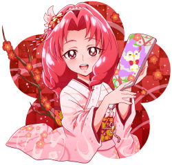 1girl :d absurdres akagi_towa aroma_(go!_princess_precure) bad_id bad_pixiv_id blush checkered_background cowboy_shot female_focus floral_background floral_print flower go!_princess_precure hagoita highres japanese_clothes kimono looking_at_viewer obi open_mouth paddle parted_bangs plum_blossoms precure red_eyes red_hair sash sharumon short_hair smile solo yukata