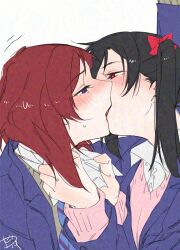 2girls adversarial_noise black_hair blue_jacket bow collared_shirt commentary french_kiss hair_bow hashtag-only_commentary highres jacket kiss long_hair love_live! love_live!_school_idol_project medium_hair multiple_girls nishikino_maki otonokizaka_school_uniform pink_sweater purple_eyes red_bow red_eyes red_hair school_uniform shirt simple_background surfacedxxc sweater twintails white_background white_shirt yazawa_nico yuri