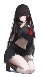 1girl absurdres arm_cutout black_hair black_serafuku black_shirt black_skirt black_socks blunt_bangs blunt_ends blush breasts bright_pupils chisa_(wuthering_waves) commentary cropped_shirt fingernails hair_ribbon hand_on_own_thigh hand_up highres jewelry kneehighs kneeling laneigu large_breasts long_hair long_sleeves looking_at_viewer miniskirt mole mole_under_eye navel neckerchief no_shoes pale_skin parted_lips pleated_skirt red_eyes red_neckerchief red_ribbon ribbon ring sailor_collar school_uniform serafuku shirt simple_background skirt socks solo stomach straight_hair thighs torn_clothes torn_shirt torn_skirt very_long_hair white_background white_pupils white_sailor_collar wuthering_waves