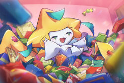 blush box candy closed_eyes commentary_request food gen_3_pokemon happy indoors jirachi legendary_pokemon lollipop mythical_pokemon nintendo no_humans open_mouth pokemon pokemon:_jirachi:_wish_maker pokemon_(anime) pokemon_(creature) pokemon_focus pokemon_rse_(anime) smile solo suama_(haruichi) wrapped_candy