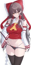 1girl 7saki ascot black_hair black_panties black_thighhighs bow breasts closed_mouth commentary detached_sleeves feet_out_of_frame gohei groin hair_bow hair_tubes hakurei_reimu highres long_hair looking_at_viewer navel panties red_bow red_eyes ribbon-trimmed_sleeves ribbon_trim sidelocks simple_background smile solo thighhighs touhou underwear white_background yellow_ascot