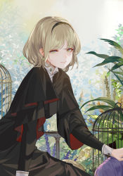 3girls alice_margatroid alternate_costume arm_support birdcage black_capelet black_dress black_hairband blonde_hair blue_flower brooch buttons cage capelet closed_mouth commentary cuff_links dress earrings flower hairband half-closed_eyes hand_on_head head high_collar highres jewelry layered_sleeves leaning_forward long_sleeves multiple_girls outstretched_arm plant purple_flower purple_hair red_capelet reeh_(yukuri130) shirt short_hair sidelocks sitting sleeve_cuffs smile solo_focus touhou two-sided_fabric white_shirt wide_sleeves witch yellow_eyes