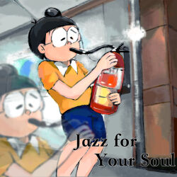 1boy black_hair blue_pants collared_shirt doraemon english_text fire_extinguisher glasses holding inhaling jazz_for_your_soul_(meme) meme mochizuki_tagosaku nobi_nobita pants polo_shirt shirt short_hair smoke solo yellow_shirt