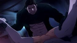 Rule 34 | 2boys, abs, bara, bare pectorals, black coat, black gloves, black hair, bulge, chris redfield, clothes lift, coat, erection, erection under clothes, ethan winters, facial hair, gloves, highres, indoors, large pectorals, male focus, male underwear, mazjojo, multiple boys, muscular, muscular male, navel, nipples, open clothes, open coat, open mouth, orange male underwear, pectorals, resident evil, resident evil village, shirt, shirt lift, short hair, solo focus, spread legs, underwear, yaoi
