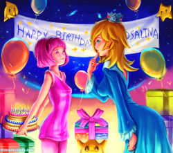 2girls 3others asymmetrical_hair balloon bare_arms bare_shoulders birthday birthday_cake birthday_present blonde_hair blue_dress blue_eyes bow box breasts cake candle character_name cloud_print confetti cowboy_shot creature crossover crown dress earrings eye_contact female_focus finger_to_mouth floating food gift gift_box hair_over_one_eye hairband happy_birthday highres jewelry kiomaru1 lazytown leggings long_hair looking_at_another luma_(mario) mario_(series) matching_hair/eyes medium_breasts multiple_girls multiple_others nintendo off-shoulder_dress off_shoulder pink_bow pink_dress pink_eyes pink_hair pink_theme rosalina short_dress short_hair small_breasts socks standing star_(symbol) star_earrings star_print stephanie_(lazytown) striped_clothes striped_dress super_mario_bros._1 super_mario_galaxy two-tone_dress vertical-striped_clothes vertical-striped_dress