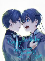 Rule 34 | 2boys, artist name, blue eyes, blue hair, blue shirt, brothers, ciel phantomhive, ciel phantomhive&#039;s brother, collared shirt, dated, earrings, eyepatch, hair between eyes, happy birthday, highres, jewelry, kuroshitsuji, light smile, long sleeves, looking at another, male focus, mandarin collar, multiple boys, official art, open mouth, shirt, short hair, siblings, signature, simple background, stud earrings, teeth, toboso yana, twins, upper body, white background