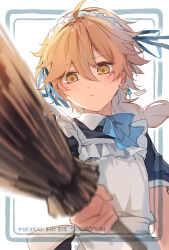 Rule 34 | 1boy, aether (genshin impact), ahoge, alternate costume, apron, back bow, black dress, blonde hair, blue bow, blue bowtie, blue ribbon, blush, bow, bowtie, braid, broom, brown eyes, closed mouth, collared dress, crossdressing, crossdressing (mtf), dress, earrings, enmaided, genshin impact, hair between eyes, hair ribbon, hand up, highres, holding, holding broom, jewelry, long hair, looking at viewer, maid, maid headdress, male focus, puffy short sleeves, puffy sleeves, ribbon, sakusakuagetate, short sleeves, simple background, single earring, solo, standing, white apron, white background, white bow