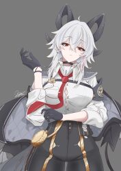 1girl absurdres black_gloves black_horns black_pants breasts buttons closed_mouth collar collared_shirt cowboy_shot curled_horns frilled_collar frills gloves grey_background highres horns kabi_dragon large_breasts looking_at_viewer pants red_eyes shirt shirt_tucked_in simple_background solo white_shirt wuthering_waves zani_(wuthering_waves)